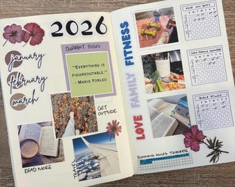 May include: Open notebook with a 2026 title and monthly labels. Pages include photos, text, and trackers for fitness, family, and bible study. Decorative elements include flower stickers and the quote "Everything is Figureoutable."