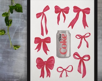 Diet Coke Art Print | Red Bows Watercolor, Soda Pop Decor (Digital Download)
