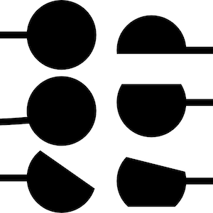 May include: Three sets of black shapes connected by lines. The first set has two full circles, the second set has two half circles, and the third set has two crescent shapes.