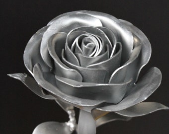 Metal Long Stem Steel Rose, Silver Painted, Steampunk Rose, Prize, Trophy, Silver Medal, Silver Rose, Silver Flower