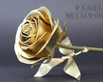 Gold Rose, Metal Long Stem Steel Rose, Long Stem Rose, Gold Painted, Steampunk, First Prize, Trophy, Gold Medal, Gold Flower