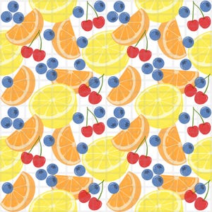 May include: A repeating pattern of orange slices, lemon halves, red cherries, and blueberries on a white background. The fruits are arranged in a grid-like fashion, creating a vibrant and colorful design.
