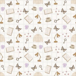 May include: A repeating pattern on a light grid background featuring illustrations of open books, brown butterflies, vintage keys, beige sweaters, desk lamps, teacups on saucers, small purple flowers, and tiny pink hearts arranged in a grid.
