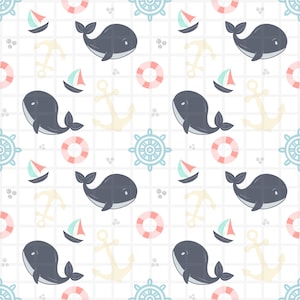 Puede incluir: Patrón repetido con ballenas de dibujos animados, veleros, anclas, salvavidas y timones en azul, rosa y amarillo sobre un fondo de cuadrícula blanca.