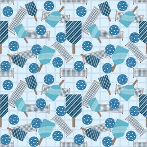 May include: A repeating pattern of pickleball equipment on a light blue background. The design includes blue pickleballs, paddles with striped and solid designs, and nets. The overall theme is sports and recreation.