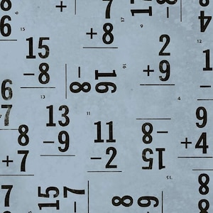 May include: Light blue fabric with a repeating pattern of black math problems. The problems include addition and subtraction equations with numbers from 2 to 17. The fabric is measured in inches.