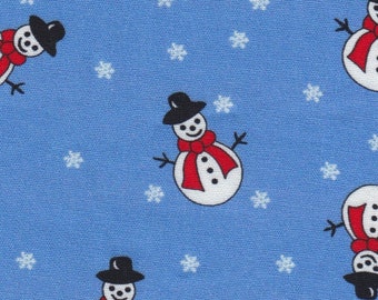 Fabric Finders Tela de muñeco de nieve: azul, rojo y blanco - Impresión n.º 2391. Estampado 100% algodón. 60″ de ancho, tela navideña REMANENTE, tela de muñeco de nieve