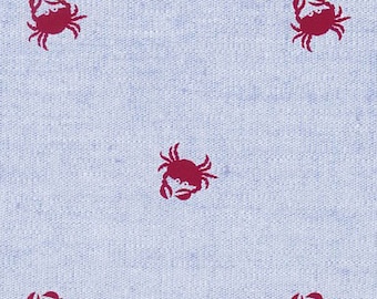 Fabric Finders red crab on blue chambrey, red crab fabric by the yard, printed chambray fabric, nautical print fabrics, fabric for boys