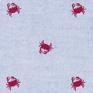 Fabric Finders red crab on blue chambrey, red crab fabric by the yard, printed chambray fabric, nautical print fabrics, fabric for boys