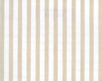 Buscadores de telas WS/W15 Tela de seersucker a rayas: caqui, tejido de seersucker a rayas marrón claro REMANENTE, Tela de verano, seersucker a rayas