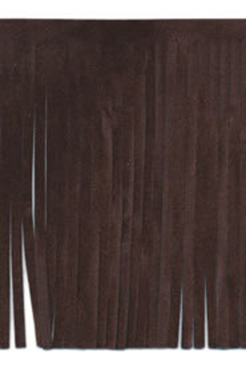May include: Close-up of dark brown suede fringe. The fringe is made of long, vertical strips of suede, creating a textured and layered effect. The colour is a deep, rich brown, and the edges are cleanly cut.