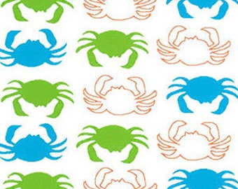 Fabric Finders Turquoise and Lime Green Crab Fabric by the yard, Mini Crabs on White Print #2080, Mini Crab print fabric, Nautical fabrics