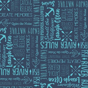 Art Gallery River Rules cotton fabric by the yard, fishing fabric, 100% cotton fabric, teal blue fish fabric, Catch and Release collection