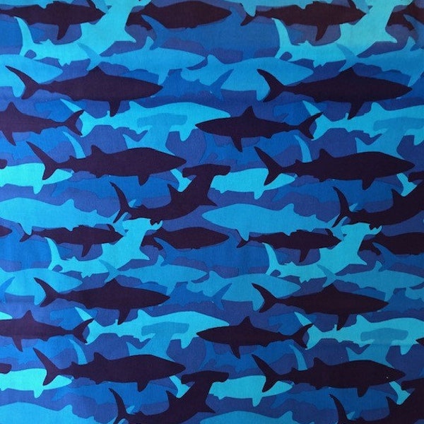 Camo Shark by David Textiles fabric by the yard, shark fabric, nautical fabric, fabric for boys, blue camo fabric, beach fabrics, all cotton