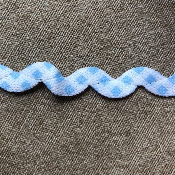 Half inch blue gingham ric rac by the yard, blue and white check ric rac, baby rick rack trim, Easter ric rac, blue ric rac, printed ric rac