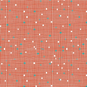May include: A seamless pattern featuring a grid of thin, off-white lines over a reddish-orange background. Scattered throughout are small, square accents in white and teal, creating a textured, abstract design.