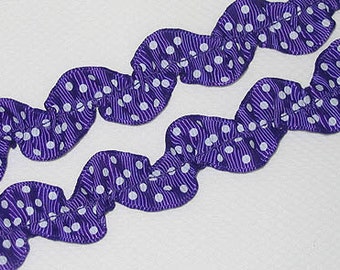 ric rac grossgrain ribbon in regal purple with white swiss dot, purple rick rack ribbon by the yard, purple ric rac ribbon trims, grossgrain