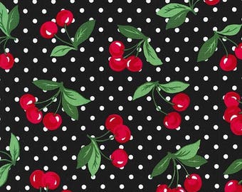 Cherry Dot in black Michael Miller fabric REMNANT, Black and white polka dot cherry novelty fabric, Black dot with cherries cotton fabric