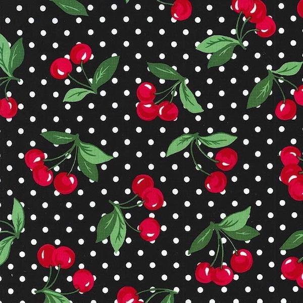 Cherry Dot en tissu noir Michael Miller REMNANT, Tissu de nouveauté cerise à pois noir et blanc, Point noir avec tissu coton cerises