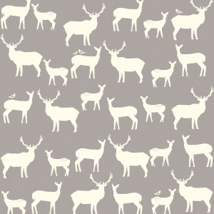 May include: A seamless pattern featuring white silhouettes of deer and elk on a light gray background. The pattern is repeated throughout the image.