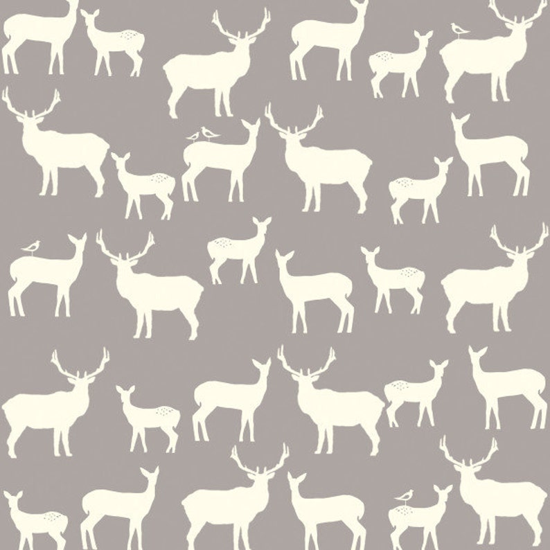 May include: A seamless pattern featuring white silhouettes of deer and elk on a light gray background. The pattern is repeated throughout the image.