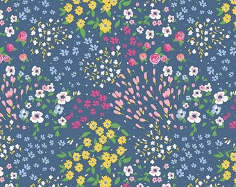 Riley Blake Poppy and Posey Garden Navy floral fabric by the yard, Blue floral fabric, Easter fabric, Blue yellow pink Calico floral fabric