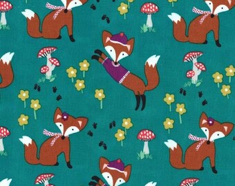 Lil Foxy in Teal Michael Miller fabric by the yard, woodland fox mushroom novelty fabric, childrens fabric quilting sewing apparel cotton