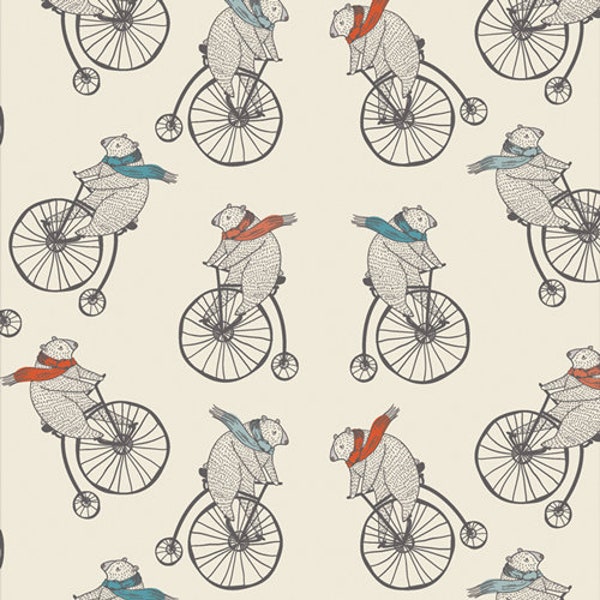 Art Gallery Mr. Penny Vanilla in Flannel fabric by the yard, polar bear print flannel fabric, pajama fabric, bear on bicycle flannel fabric