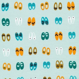 May include: A light blue background with a repeating pattern of various colored shoes. The shoes are in pairs and include blue, green, yellow, orange, and white.