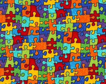 Tessuto puzzle Timeless Treasures Crayon Party, tessuto con stampa puzzle multicolore, tessuto per autismo, tessuto per applicazioni, tessuti per bambini, 100% cotone