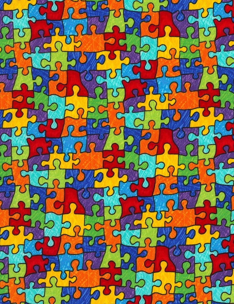 Timeless Treasures Crayon Party puzzle fabric, multi color puzzle print fabric, Autism fabric, applique fabric, kids fabrics, 100% cotton image 1
