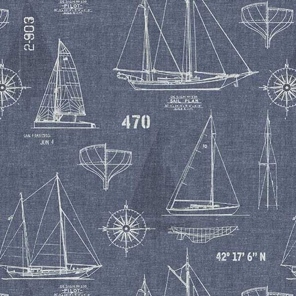 Michael Miller Sail Plan fabric REMNANT, sailboat fabric, nautical fabric, boy fabric, indigo blue nautical sailing fabric, Bon Voyage