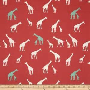 Giraffe Coral Red knit by birch fabrics organic cotton knit giraffe print fabric by the yard, baby apparel fabric, knit stretch fabric