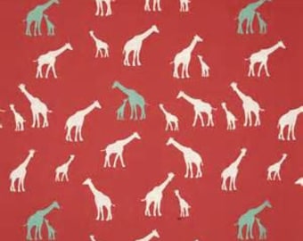 Giraffe Coral Red knit by birch fabrics organic cotton knit giraffe print fabric by the yard, baby apparel fabric, knit stretch fabric