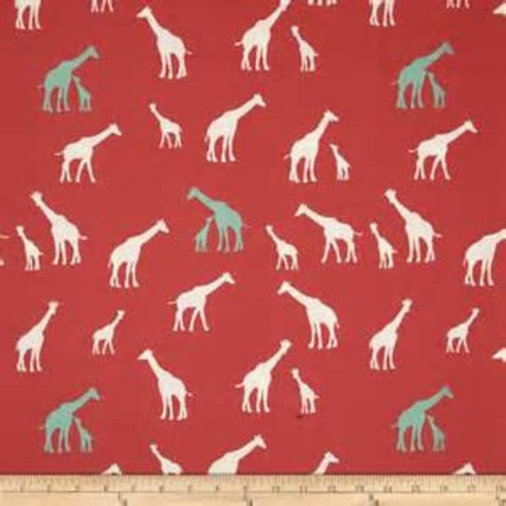 Giraffe Coral Red knit by birch fabrics organic cotton knit giraffe print fabric by the yard, baby apparel fabric, knit stretch fabric
