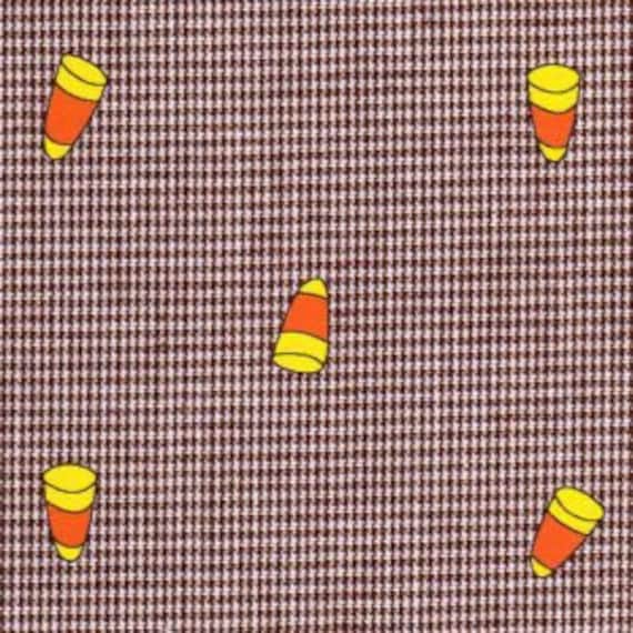 Fabric Finders Candy Corn print on micro brown check gingham fabri by the yard, Fall fabrics, Candy Corn fabric, Kids Fall apparel fabric