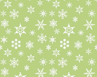 May include: A seamless pattern of white snowflakes on a light green background. The snowflakes are of various sizes and shapes.