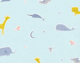Cloud 9 Animal Parade Blue organic cotton sheeting, organic cotton fabric by the yard, baby fabric, Tout Petit Deus, Sarah Betz/little cube