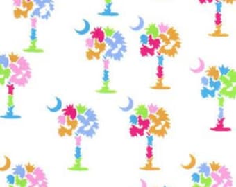 Fabric Finders Multi color Palmetto Tree Fabric by the yard, SC Multi Color Palmetto tree Lime, Turquoise, Hot Pink & Gold, Print #2088