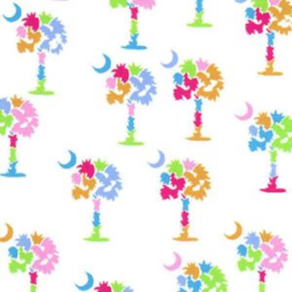 Fabric Finders Multi color Palmetto Tree Fabric REMNANT, SC Multi Color Palmetto tree Lime, Turquoise, Hot Pink & Gold, Print #2088