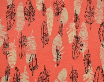 Feather print knit fabric, coral cotton spandex knit fabric by the yard, trible print stretch knit, coral feather print cotton jersey knit