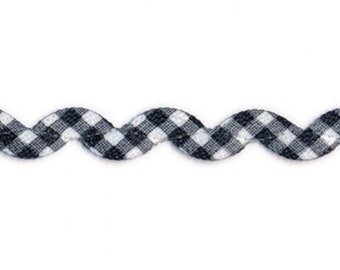 Half inch black and white gingham ric rac by the yard, gingham ric rac trim, printed ric rac, rayon ric rac, black and white check ric rac