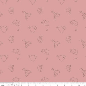 May include: A pink fabric with a repeating pattern of black line drawings of elephants, giraffes, and baby animals. The pattern is on a pink background.
