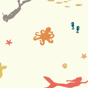 Beyond the Sea Birch fabric 100% organic cotton fabric ocean sea mermaid octopus sea horse shell star fish summer print fabric