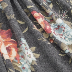 Bordeaux French Terry Rose Garden Charcoal/coral knit fabric by the yard, French terry knit, 4 way stretch, knit by the yard, floral knits