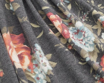 Bordeaux French Terry Rose Garden Charcoal/coral knit fabric by the yard, French terry knit, 4 way stretch, knit by the yard, floral knits