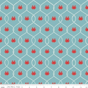 May include: A seamless pattern featuring red crabs on a light blue background. The crabs are arranged in a grid pattern, with each crab surrounded by a white rope design.