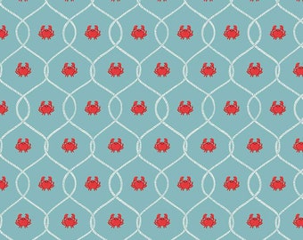 Riley Blake Lost at Sea Happy Crabs Seafoam fabric by the yard, crab print fabric, nautical fabric, red crab fabric, fabric for boys