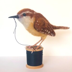 Wren on spool - Needle Felt Sculpture