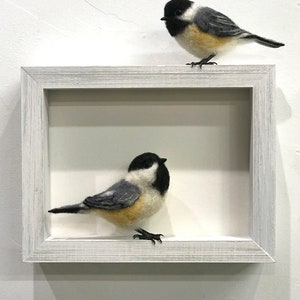 Two Chickadees 6x8” Needle Felt Sculpture